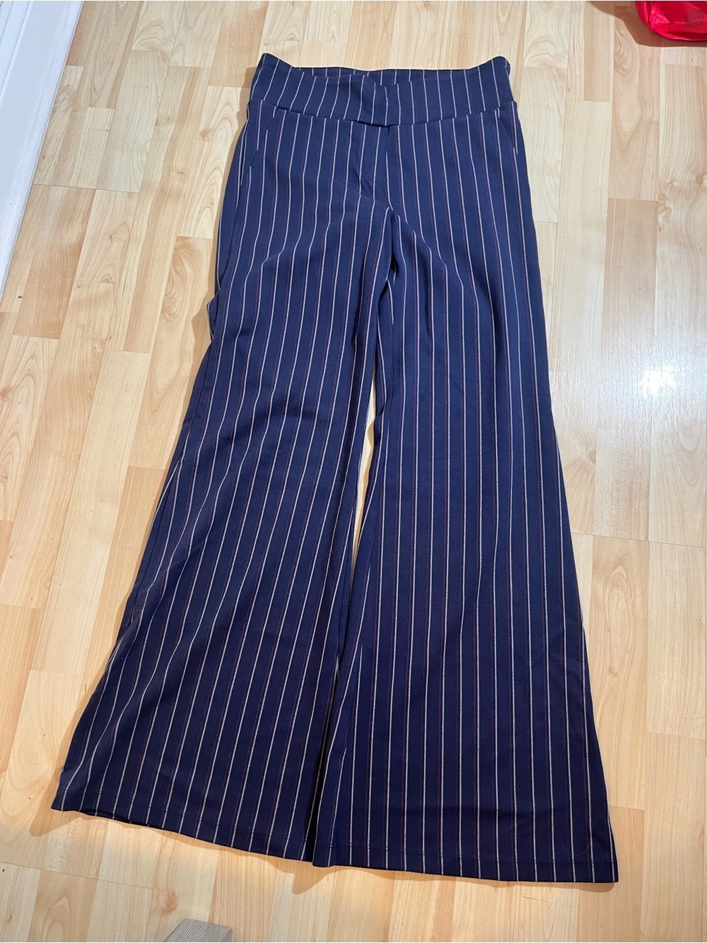 Betabrand Womens Navy Pin Stripped Wide Leg Pull On Pants Size Medium